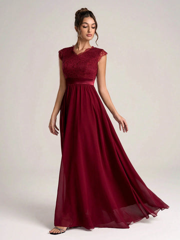 Women Elegant V-Neck Contrast Lace Ruched Minimalist Casual Long Bridesmaid Dress (Adult Size)