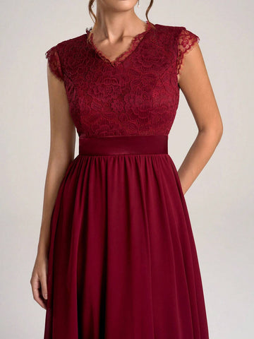 Women Elegant V-Neck Contrast Lace Ruched Minimalist Casual Long Bridesmaid Dress (Adult Size)