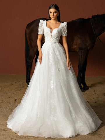 Women Elegant Wedding Dresses With Simple Solid Color And Mesh Patchwork