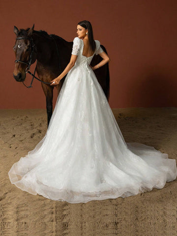 Women Elegant Wedding Dresses With Simple Solid Color And Mesh Patchwork