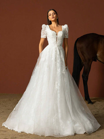 Women Elegant Wedding Dresses With Simple Solid Color And Mesh Patchwork