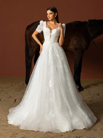 Women Elegant Wedding Dresses With Simple Solid Color And Mesh Patchwork