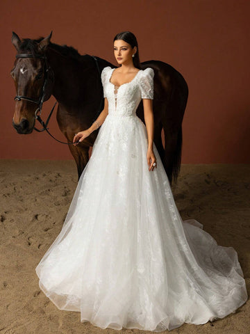 Women Elegant Wedding Dresses With Simple Solid Color And Mesh Patchwork