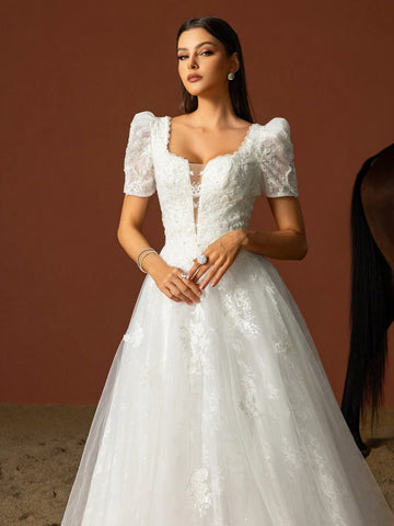Women Elegant Wedding Dresses With Simple Solid Color And Mesh Patchwork