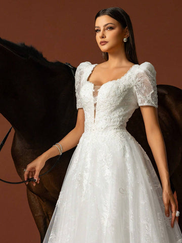Women Elegant Wedding Dresses With Simple Solid Color And Mesh Patchwork