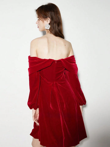 Women Exaggerated Large Bow Detail Decoration Off Shoulder Velvet Short Formal Dress