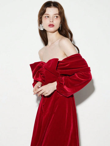 Women Exaggerated Large Bow Detail Decoration Off Shoulder Velvet Short Formal Dress