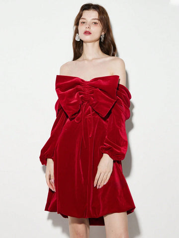 Women Exaggerated Large Bow Detail Decoration Off Shoulder Velvet Short Formal Dress