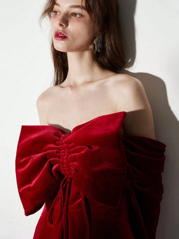 Women Exaggerated Large Bow Detail Decoration Off Shoulder Velvet Short Formal Dress