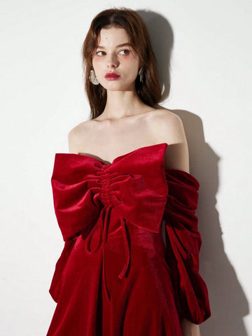 Women Exaggerated Large Bow Detail Decoration Off Shoulder Velvet Short Formal Dress