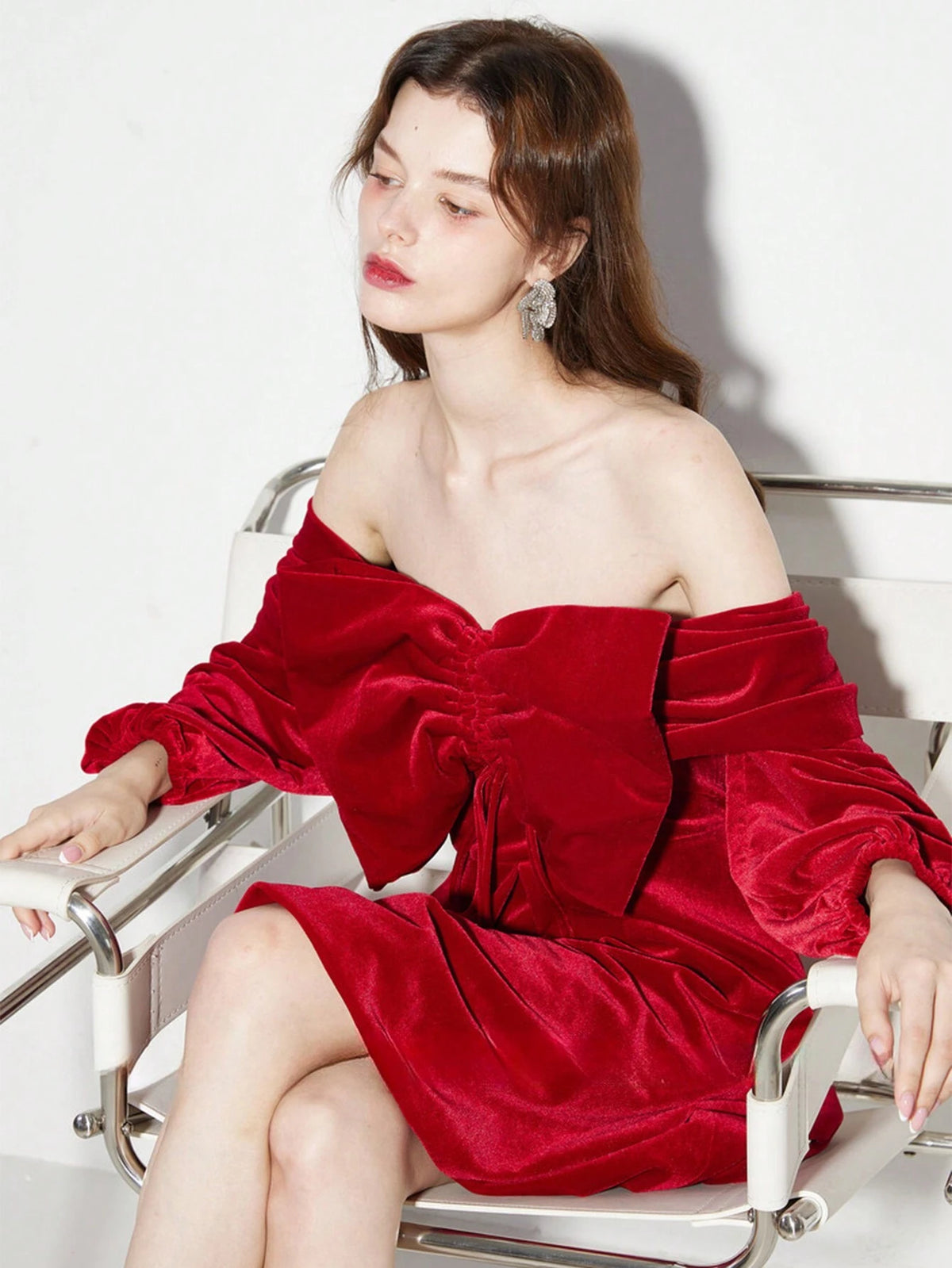 Women Exaggerated Large Bow Detail Decoration Off Shoulder Velvet Short Formal Dress