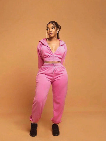 Women Fall And Winter Fashion Sports Two-Piece Casual Long-Sleeved Zipper Hooded Top Drawstring Pants Solid Color Street Suit