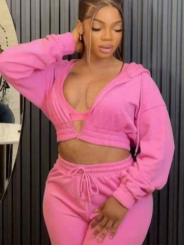 Women Fall And Winter Fashion Sports Two-Piece Casual Long-Sleeved Zipper Hooded Top Drawstring Pants Solid Color Street Suit