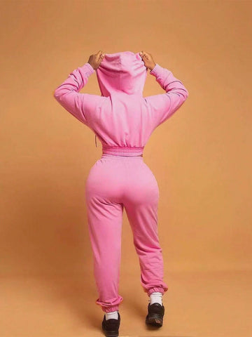 Women Fall And Winter Fashion Sports Two-Piece Casual Long-Sleeved Zipper Hooded Top Drawstring Pants Solid Color Street Suit