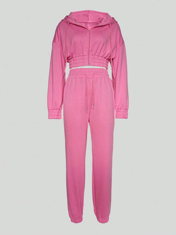 Women Fall And Winter Fashion Sports Two-Piece Casual Long-Sleeved Zipper Hooded Top Drawstring Pants Solid Color Street Suit
