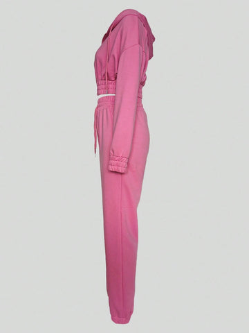 Women Fall And Winter Fashion Sports Two-Piece Casual Long-Sleeved Zipper Hooded Top Drawstring Pants Solid Color Street Suit