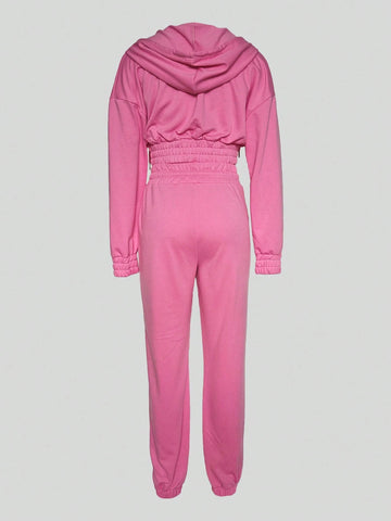 Women Fall And Winter Fashion Sports Two-Piece Casual Long-Sleeved Zipper Hooded Top Drawstring Pants Solid Color Street Suit