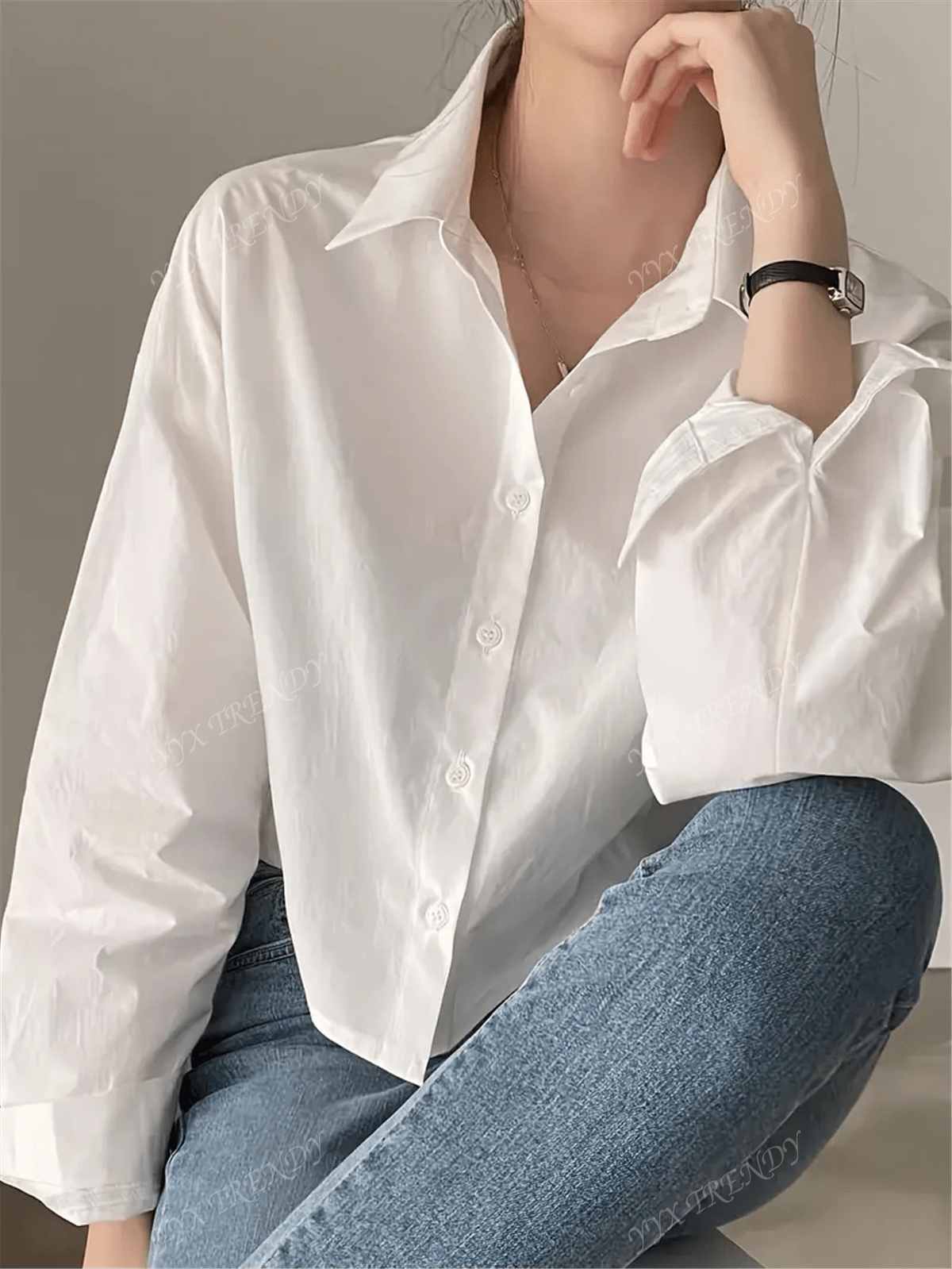 Women Fashion Long Sleeve Solid Short Shirt - Asymmetric Lapel, Durable Non-Stretchy Blouse T