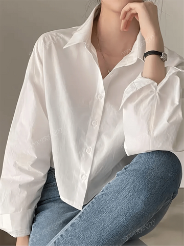 Women Fashion Long Sleeve Solid Short Shirt - Asymmetric Lapel, Durable Non-Stretchy Blouse T