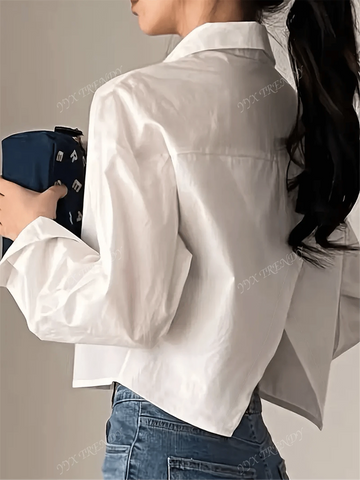 Women Fashion Long Sleeve Solid Short Shirt - Asymmetric Lapel, Durable Non-Stretchy Blouse T