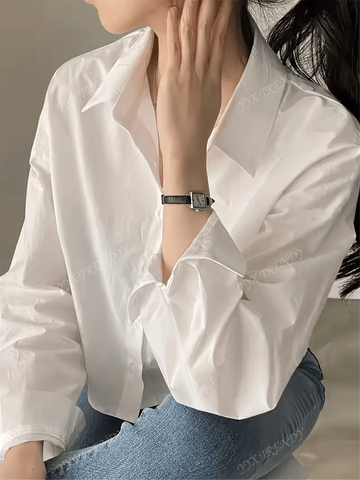 Women Fashion Long Sleeve Solid Short Shirt - Asymmetric Lapel, Durable Non-Stretchy Blouse T