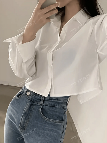 Women Fashion Long Sleeve Solid Short Shirt - Asymmetric Lapel, Durable Non-Stretchy Blouse T