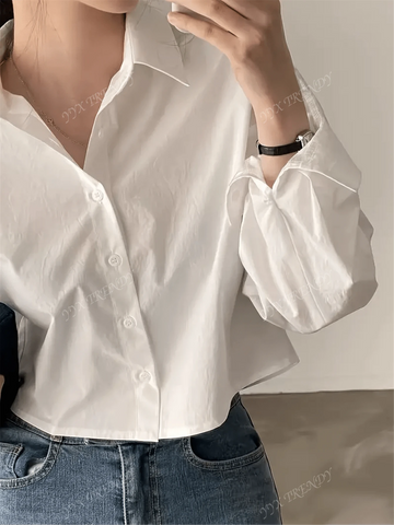 Women Fashion Long Sleeve Solid Short Shirt - Asymmetric Lapel, Durable Non-Stretchy Blouse T