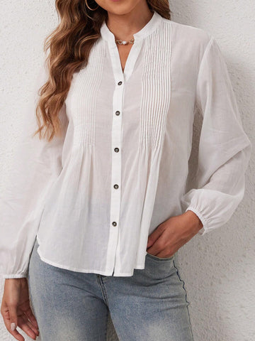 Women Fashion Notch V-Neck Casual Shirt