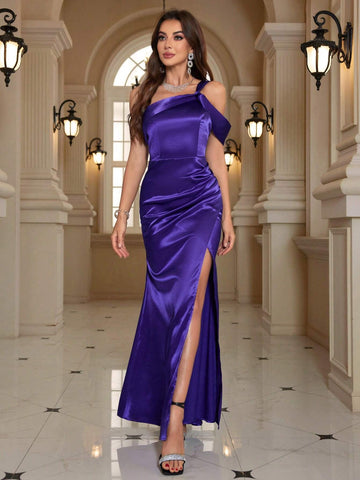 Women Fashion Single Shoulder Strap Slit Evening Dress
