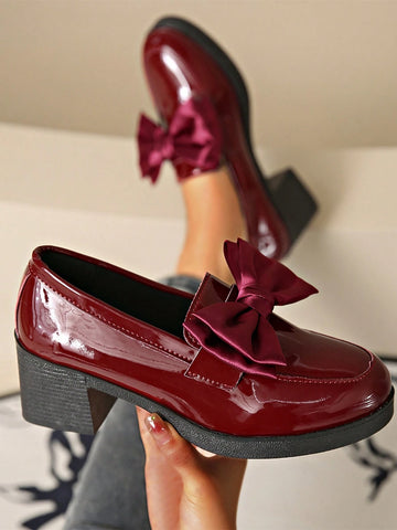 Women Fashion Slip-On Slip-On High Heels, Shiny Leather, Comfortable, Retro British Style