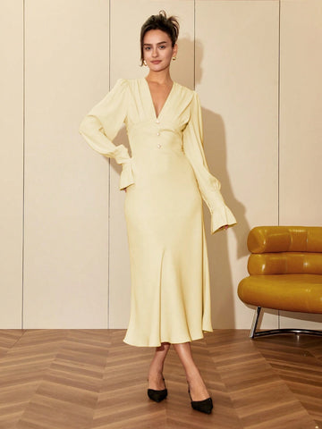 Women Fashion Solid Color V-Neck Long Sleeve Dress