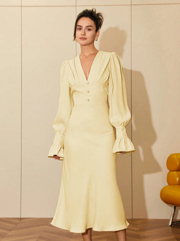 Women Fashion Solid Color V-Neck Long Sleeve Dress
