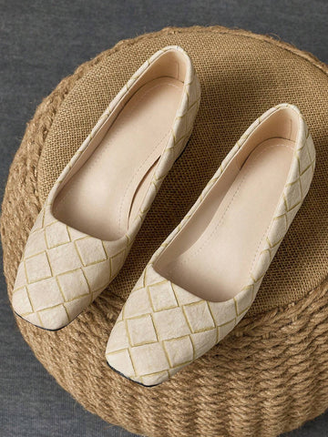 Women Fashion Square Toe Plaid Skimmer Slip-On Pumps Shoes, Vintage Casual Slip-On