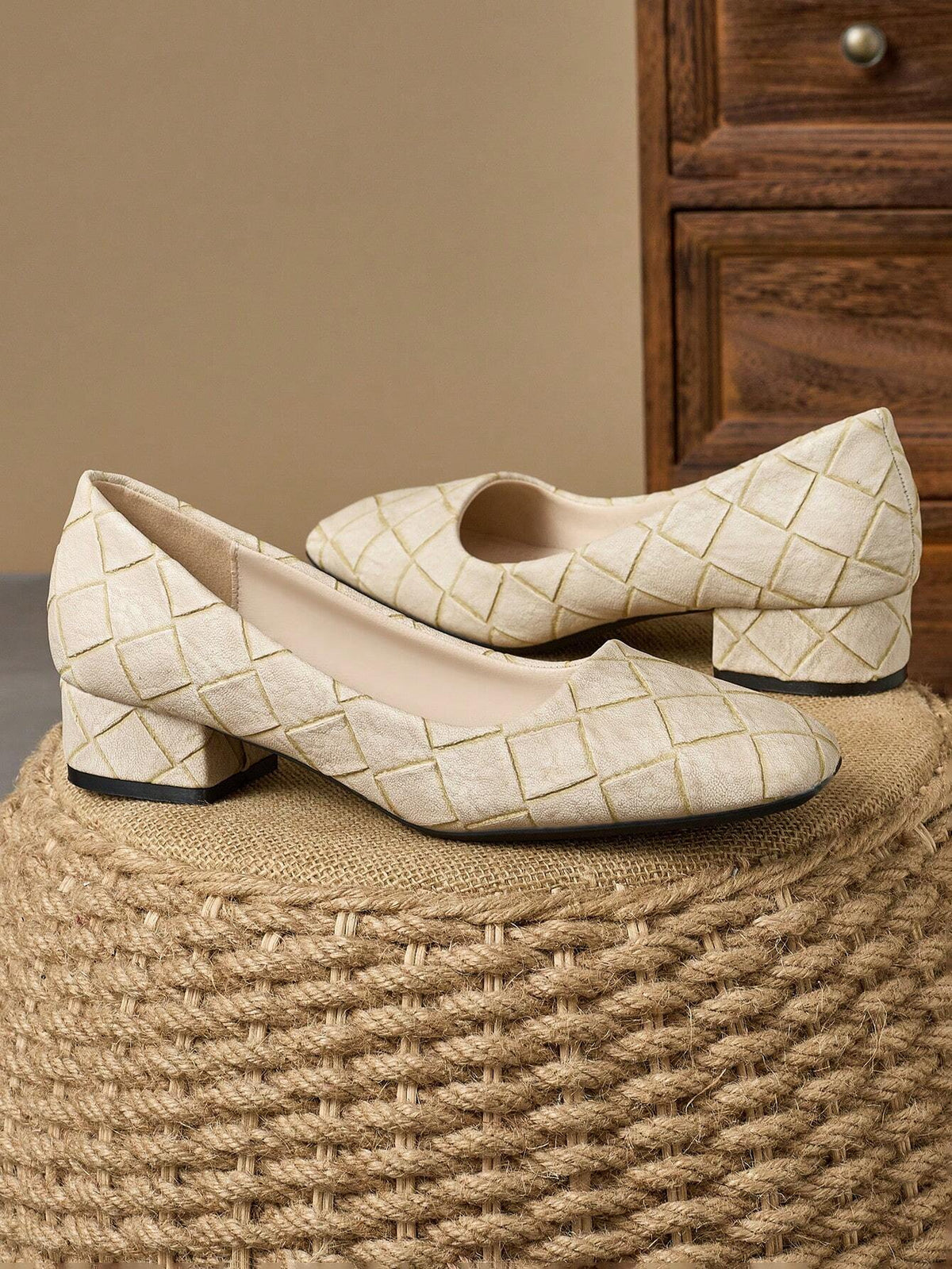 Women Fashion Square Toe Plaid Skimmer Slip-On Pumps Shoes, Vintage Casual Slip-On