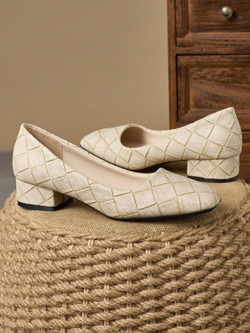 Women Fashion Square Toe Plaid Skimmer Slip-On Pumps Shoes, Vintage Casual Slip-On