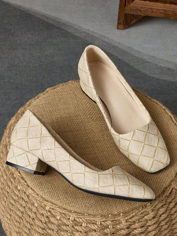 Women Fashion Square Toe Plaid Skimmer Slip-On Pumps Shoes, Vintage Casual Slip-On