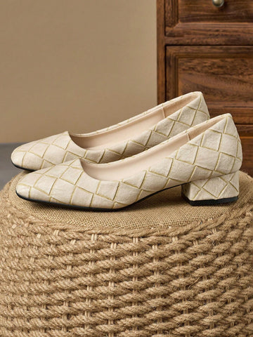 Women Fashion Square Toe Plaid Skimmer Slip-On Pumps Shoes, Vintage Casual Slip-On