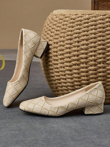 Women Fashion Square Toe Plaid Skimmer Slip-On Pumps Shoes, Vintage Casual Slip-On