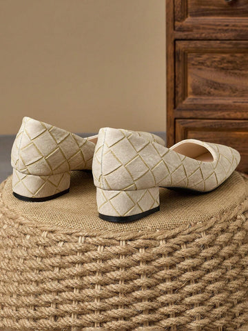 Women Fashion Square Toe Plaid Skimmer Slip-On Pumps Shoes, Vintage Casual Slip-On