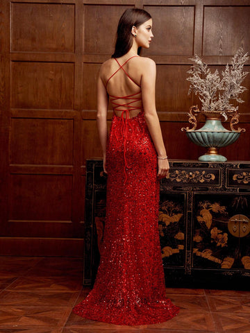 Women Fashionable Beaded Backless Evening Dress