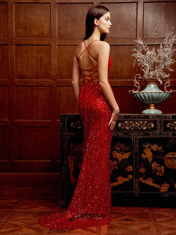 Women Fashionable Beaded Backless Evening Dress