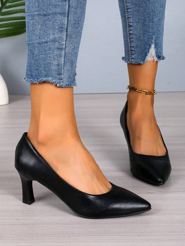 Women Fashionable Black Plus Size High Heels, Party Shoes, Leather Material,, Sexy Thin Heel