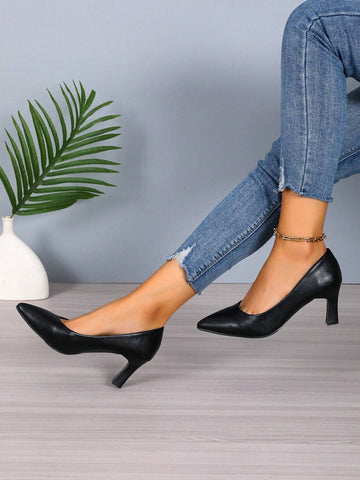Women Fashionable Black Plus Size High Heels, Party Shoes, Leather Material,, Sexy Thin Heel