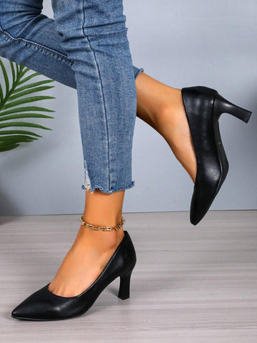 Women Fashionable Black Plus Size High Heels, Party Shoes, Leather Material,, Sexy Thin Heel