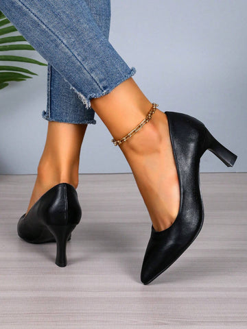 Women Fashionable Black Plus Size High Heels, Party Shoes, Leather Material,, Sexy Thin Heel