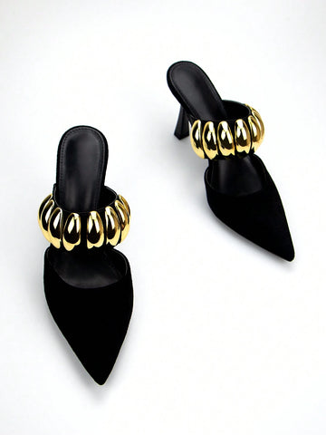 Women Fashionable Black Velvet Pointed Toe High-Heeled Mule Shoe With Gold Metal Buckle
