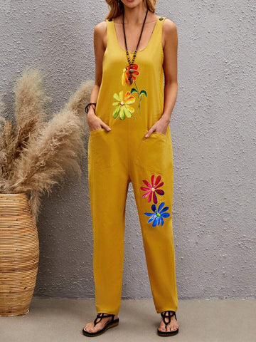 Women Fashionable Floral Pattern Sleeveless Jumpsuit