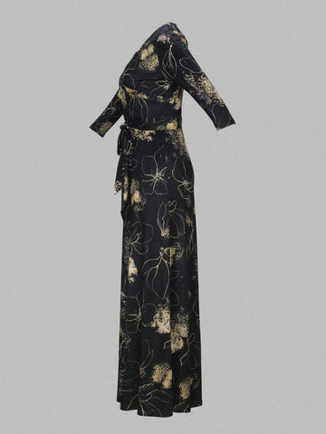 Women Fashionable Floral Printed Mid-Length Dress With V-Neck