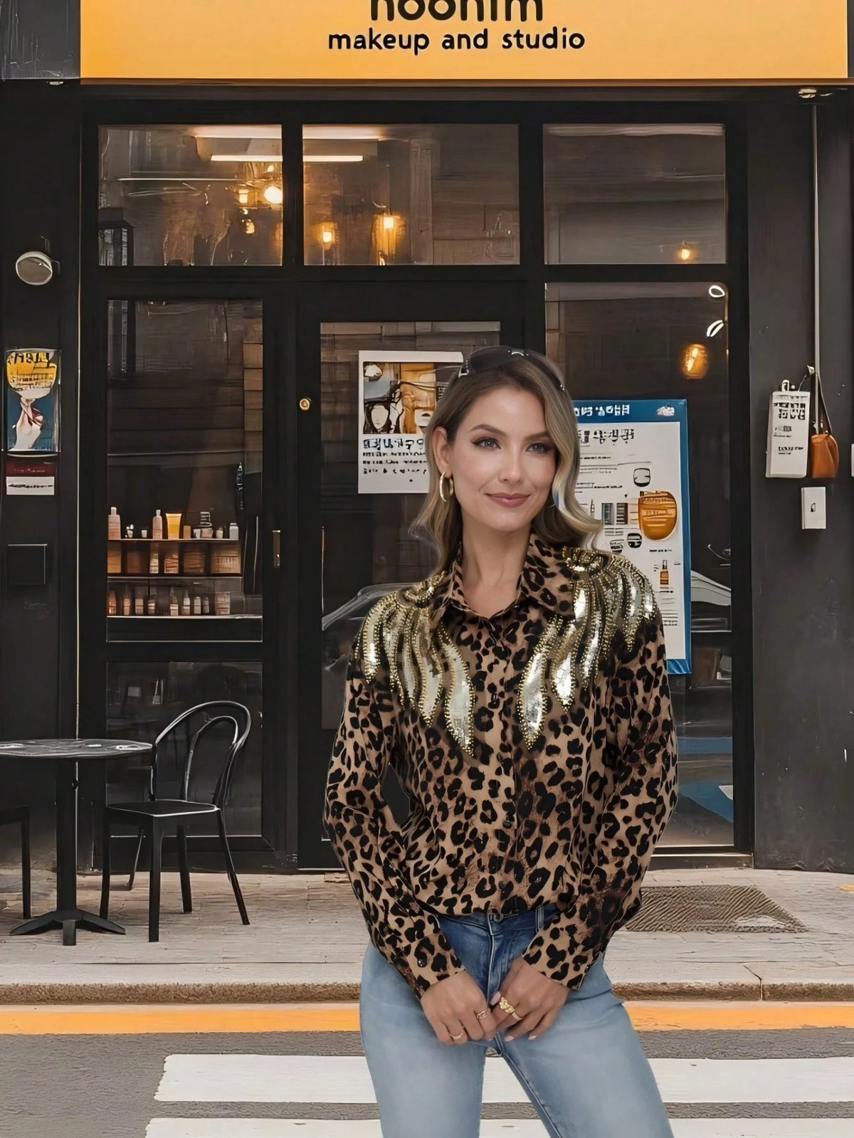 Women Fashionable Leopard Print Beaded Casual Long Sleeve Shirt