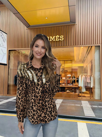 Women Fashionable Leopard Print Beaded Casual Long Sleeve Shirt